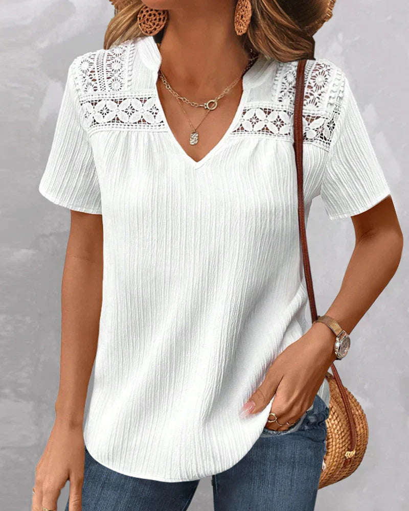 Emely - chic t-shirt with v-neck and lace detail