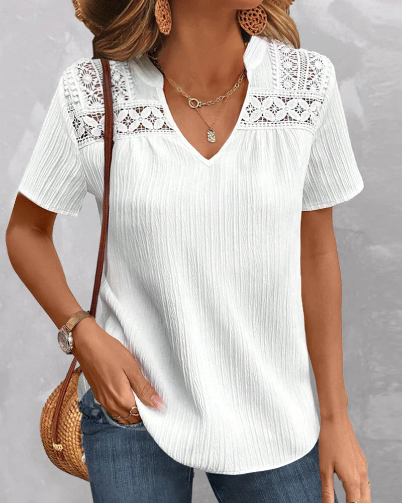 Emely - chic t-shirt with v-neck and lace detail