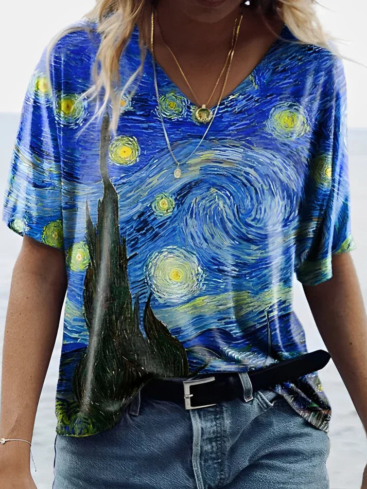 Van Gogh - starry sky printed v-neck t-shirt