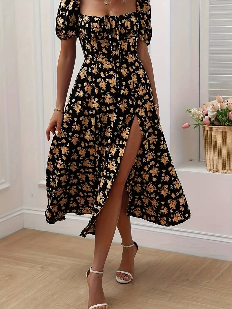 Ava split hem floral a-line dress for spring