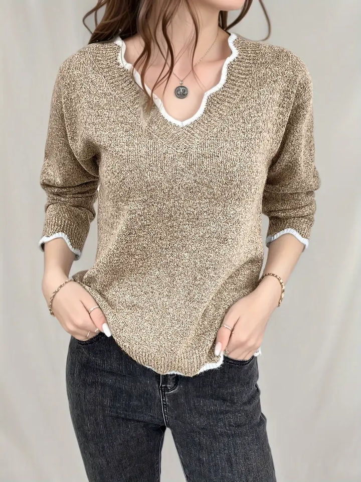 Adi - casual knitted sweater with long sleeves, shell trim and v-neck