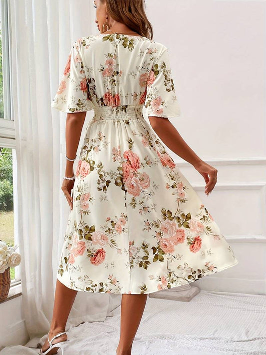 Ella - elegant a-line dress with floral print, v-neck and ruffle sleeves