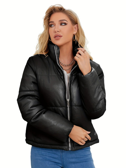 Elegant Short Vegan Leather Puffer Winter Jacket for Women | Ideal for Winter