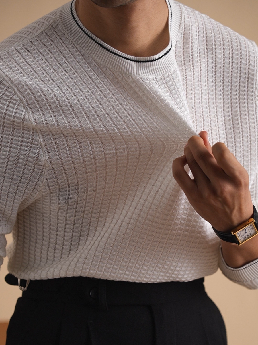 Contrast Trim Waffle-Knit Sweater