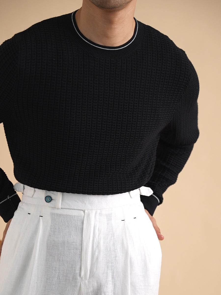 Contrast Trim Waffle-Knit Sweater