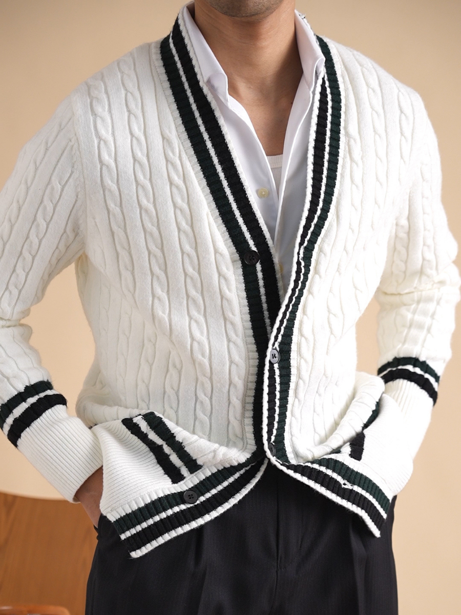 Contrast Trim Cable-Knit Cardigan