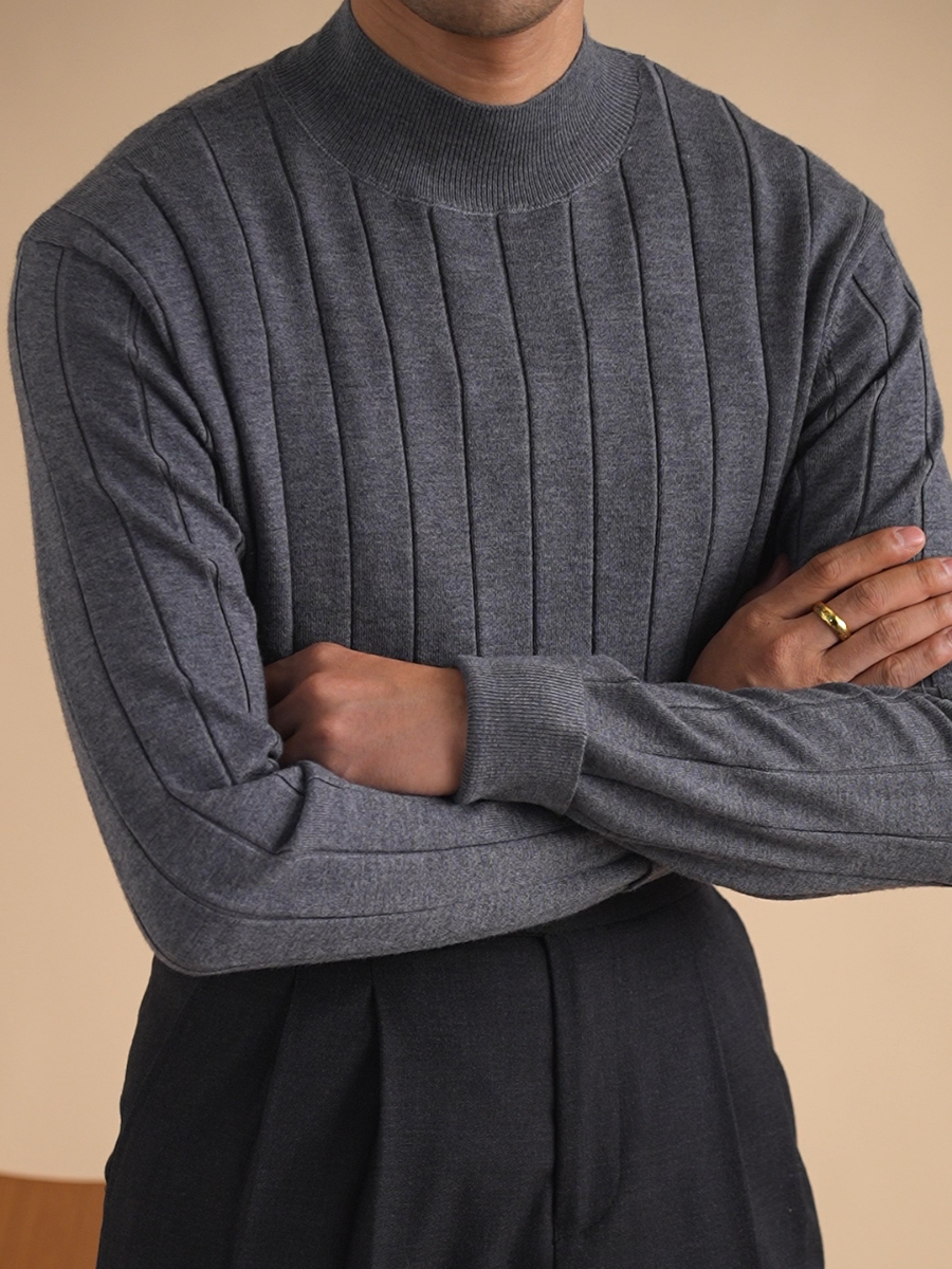 Vertical Ribbed Mock Neck Sweater