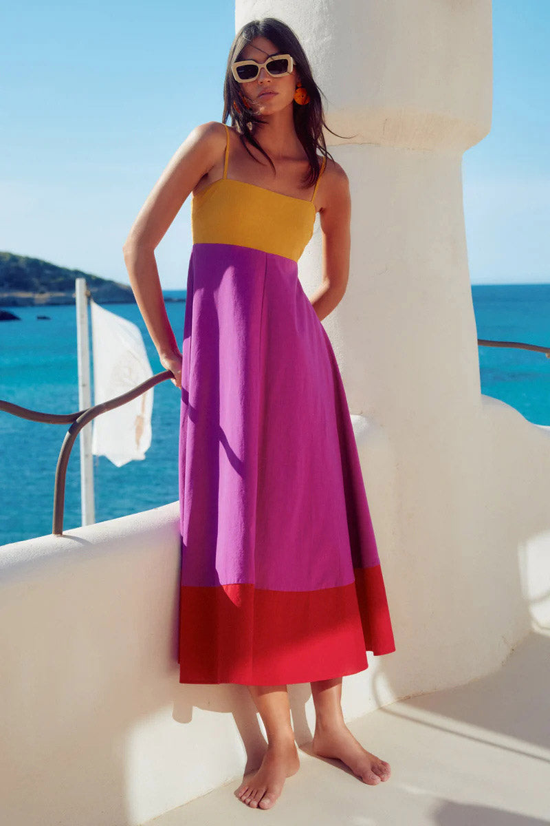 Vacation-Style Color Block Spaghetti Strap Dress