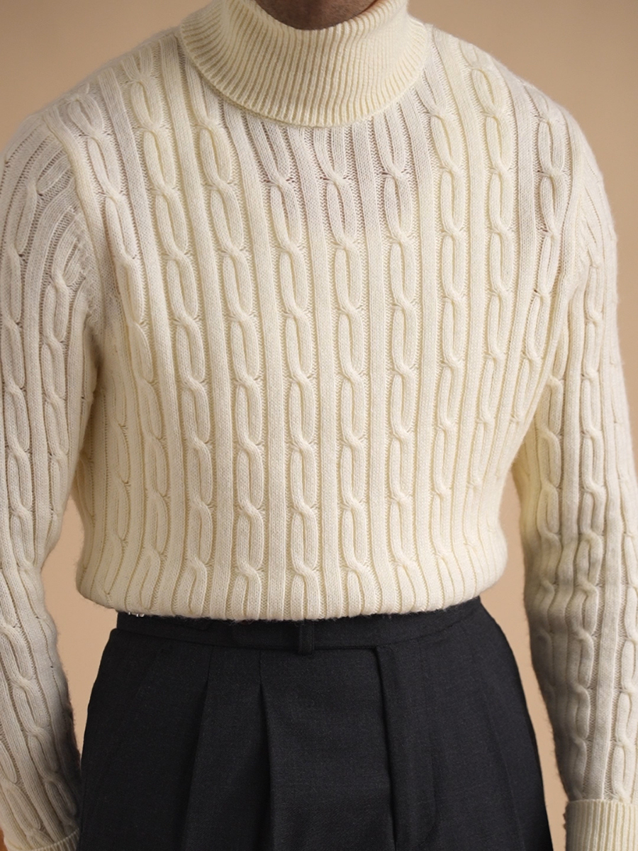 Cable-Knit Turtleneck Wool Sweater