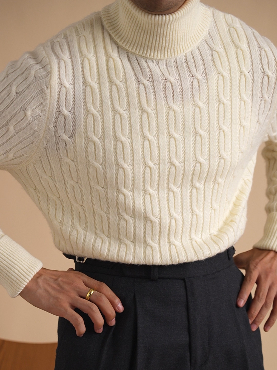 Cable-Knit Turtleneck Wool Sweater