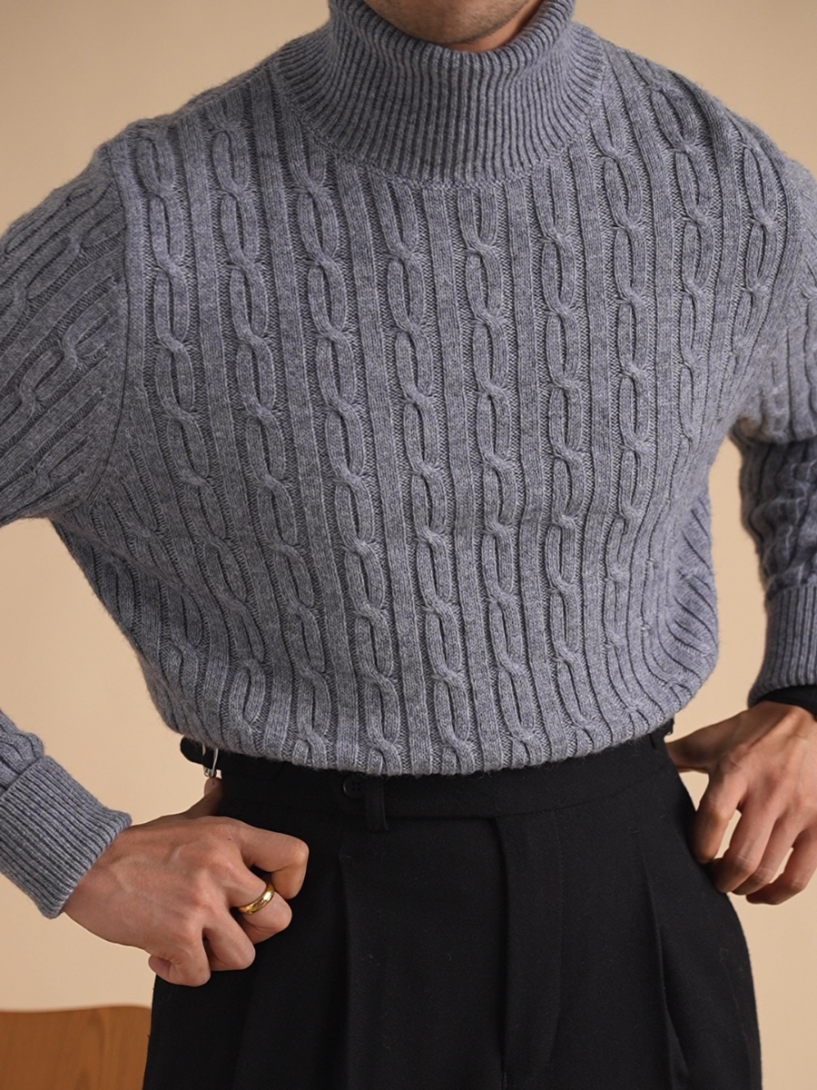 Cable-Knit Turtleneck Wool Sweater