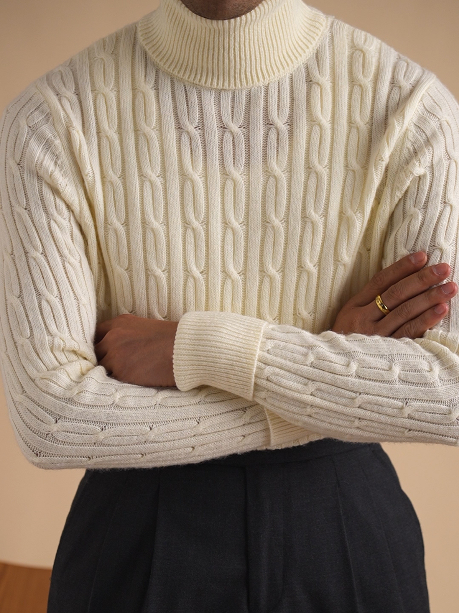 Cable-Knit Turtleneck Wool Sweater