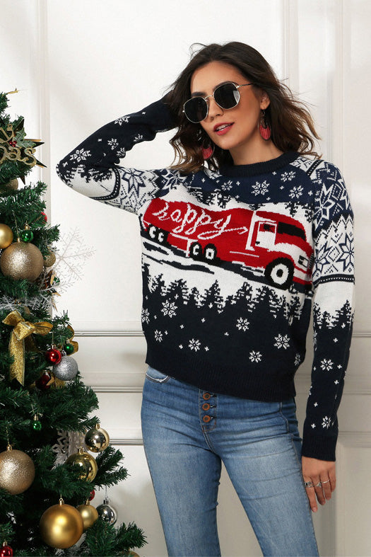 Snowflake and Truck Print Christmas Sweater