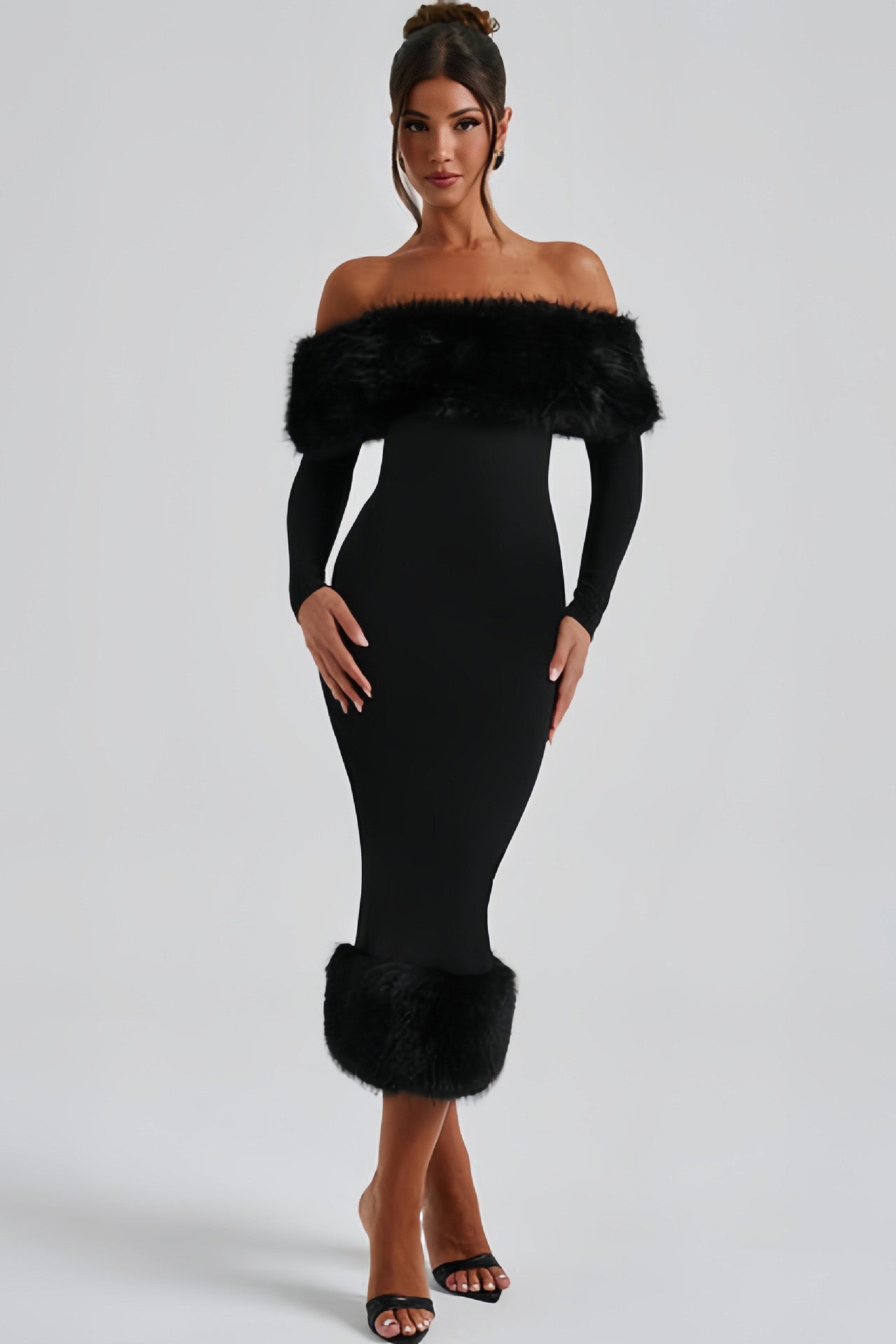 Fur Collar Off-shoulder Fitted Midi Dress