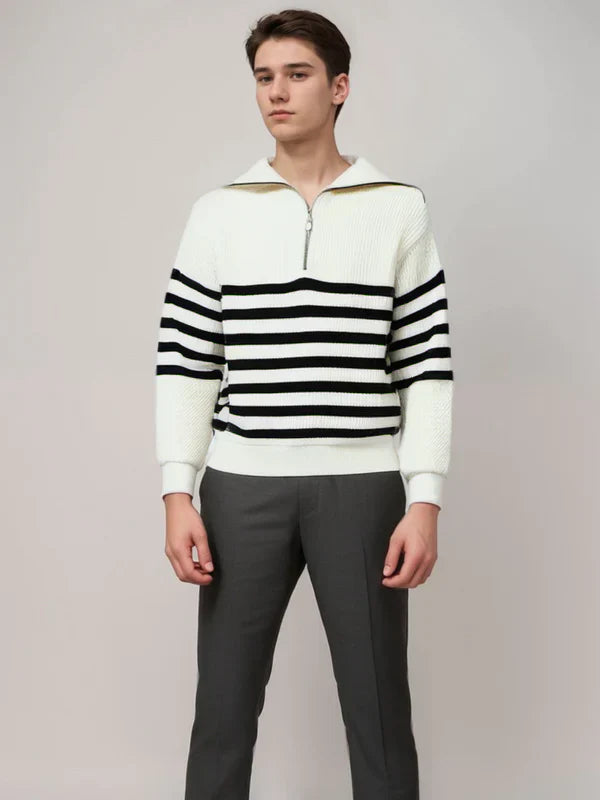 Striped sweater with zipper closure