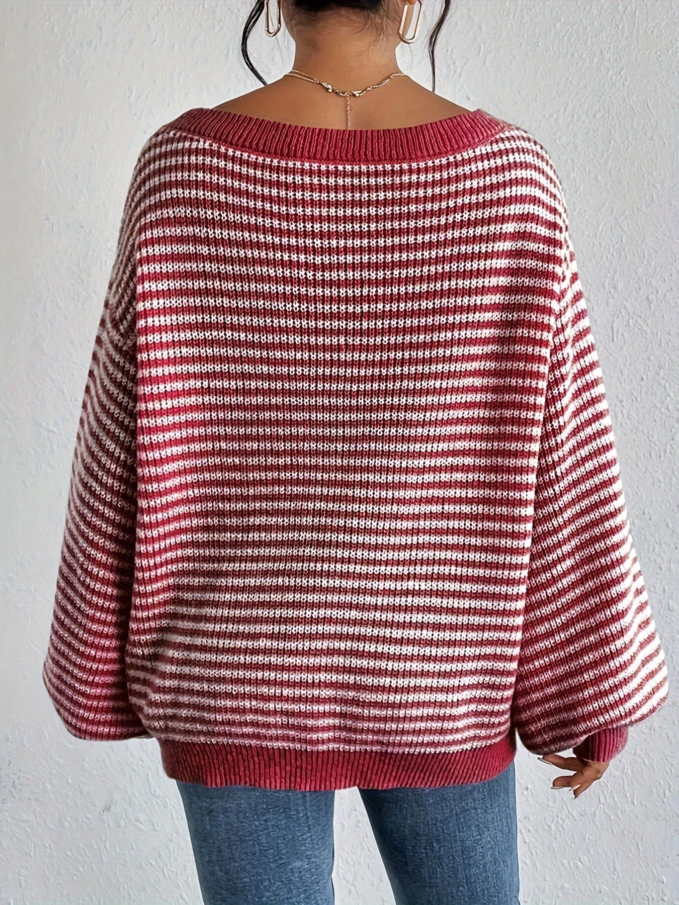 Casual Cotton Striped Off Shoulder Knit Sweater with Stretchy Fabric and Round Neck for Women | Ideal for Autumn