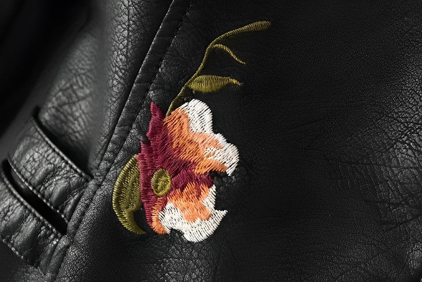 Vintage Vegan Leather Jacket with Flowers for Women | Eco-Friendly Materials