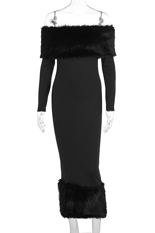 Fur Collar Off-shoulder Fitted Midi Dress