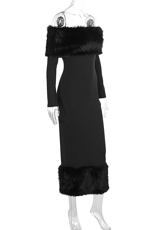 Fur Collar Off-shoulder Fitted Midi Dress