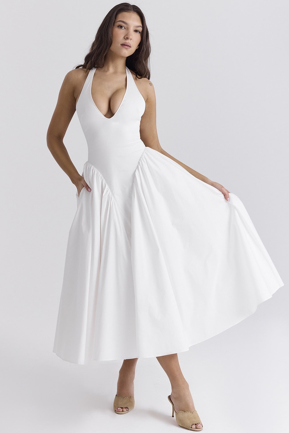 White Cotton Halter Midi Sundress