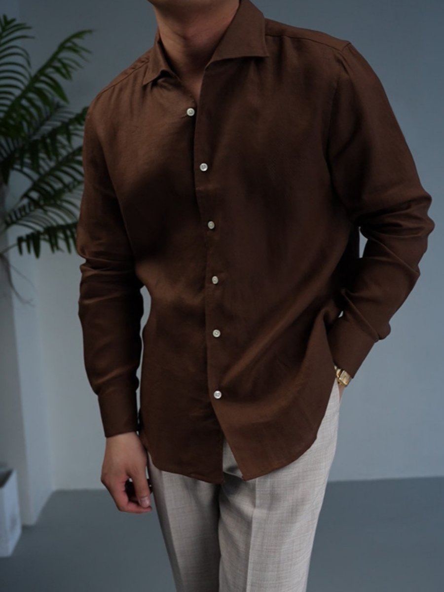 100% Linen V-Neck Business Casual Long Sleeve Shirt