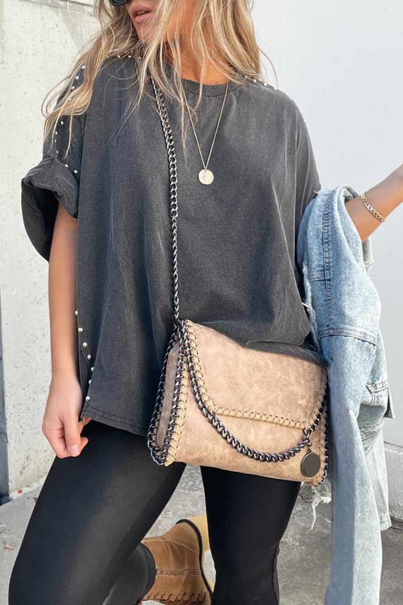 Roll Up Sleeve Studded Oversized Tee