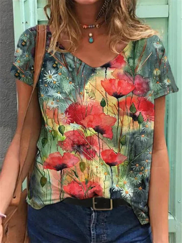 T-shirt with v-neck painting floral art