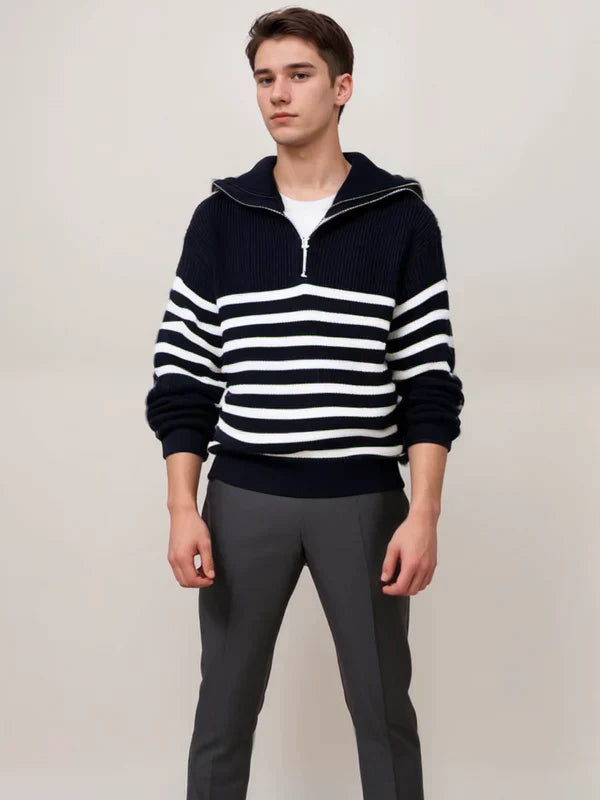 Striped sweater with zipper closure