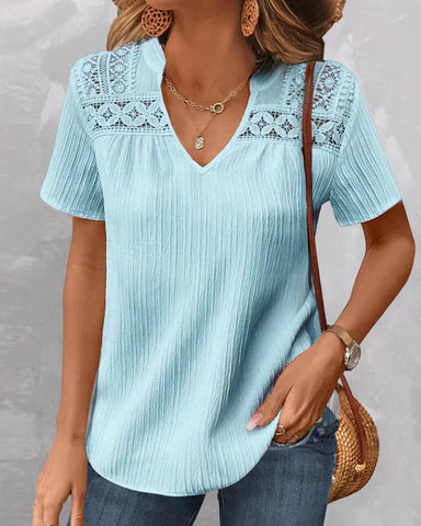 Emely - chic t-shirt with v-neck and lace detail