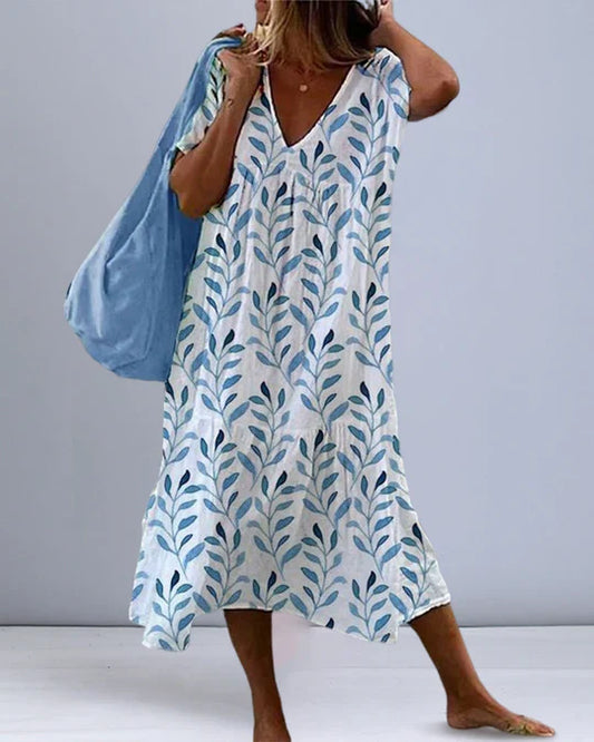 Boho leaf print midi dress with flowing cut