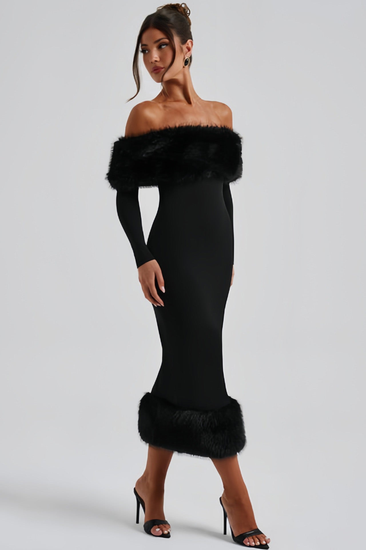 Fur Collar Off-shoulder Fitted Midi Dress