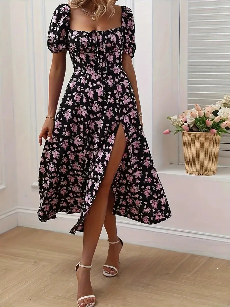 Ava floral print a-line dress with puff sleeves for spring and summer