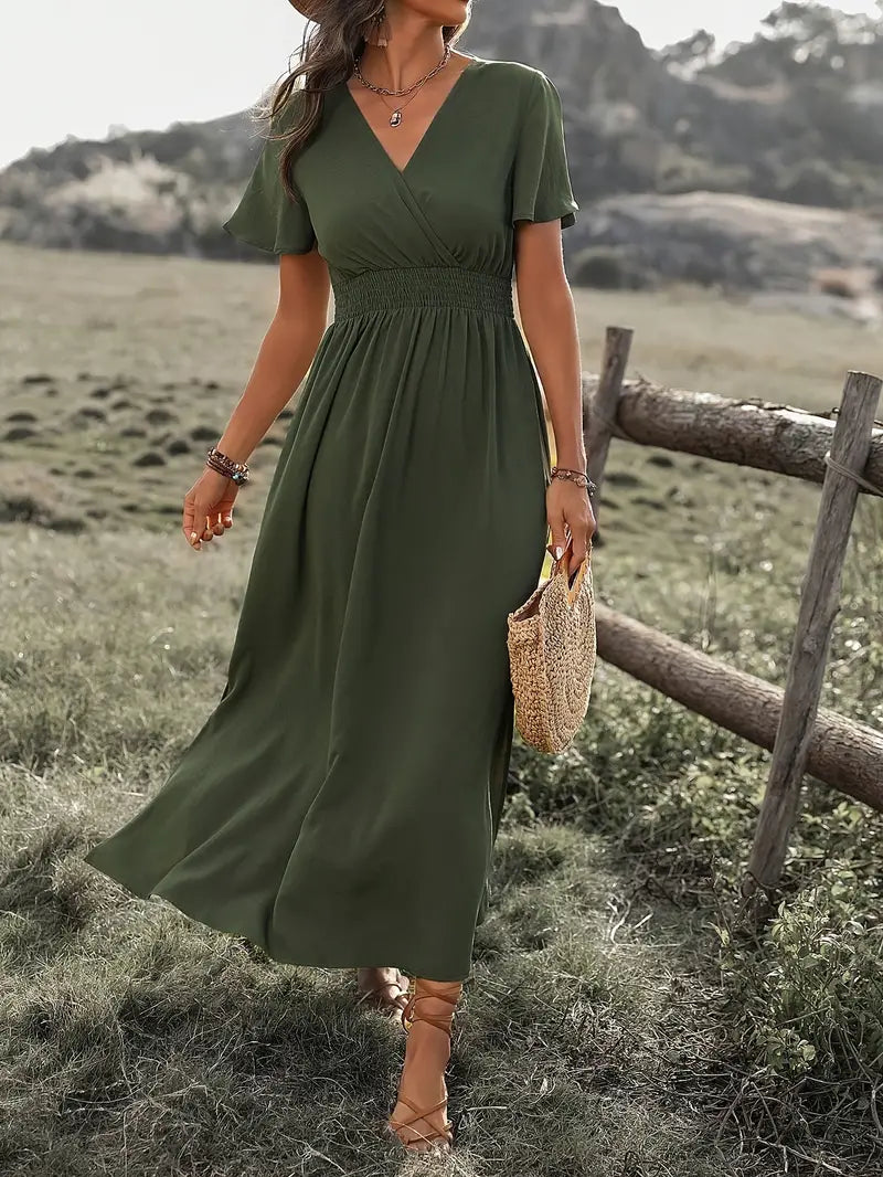 Olivia – plain-colored, side-slit, short-sleeved dress for spring and summer