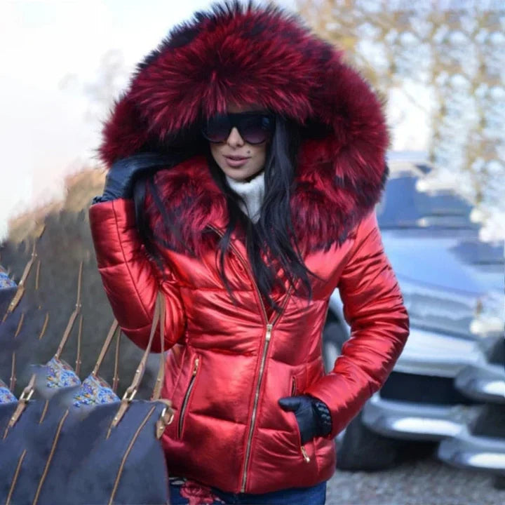 Christina - fashionable coat with faux fur lining in the hood and collar