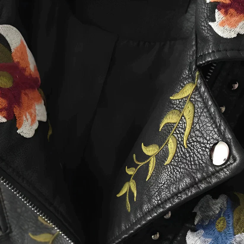 Vintage Vegan Leather Jacket with Flowers for Women | Eco-Friendly Materials