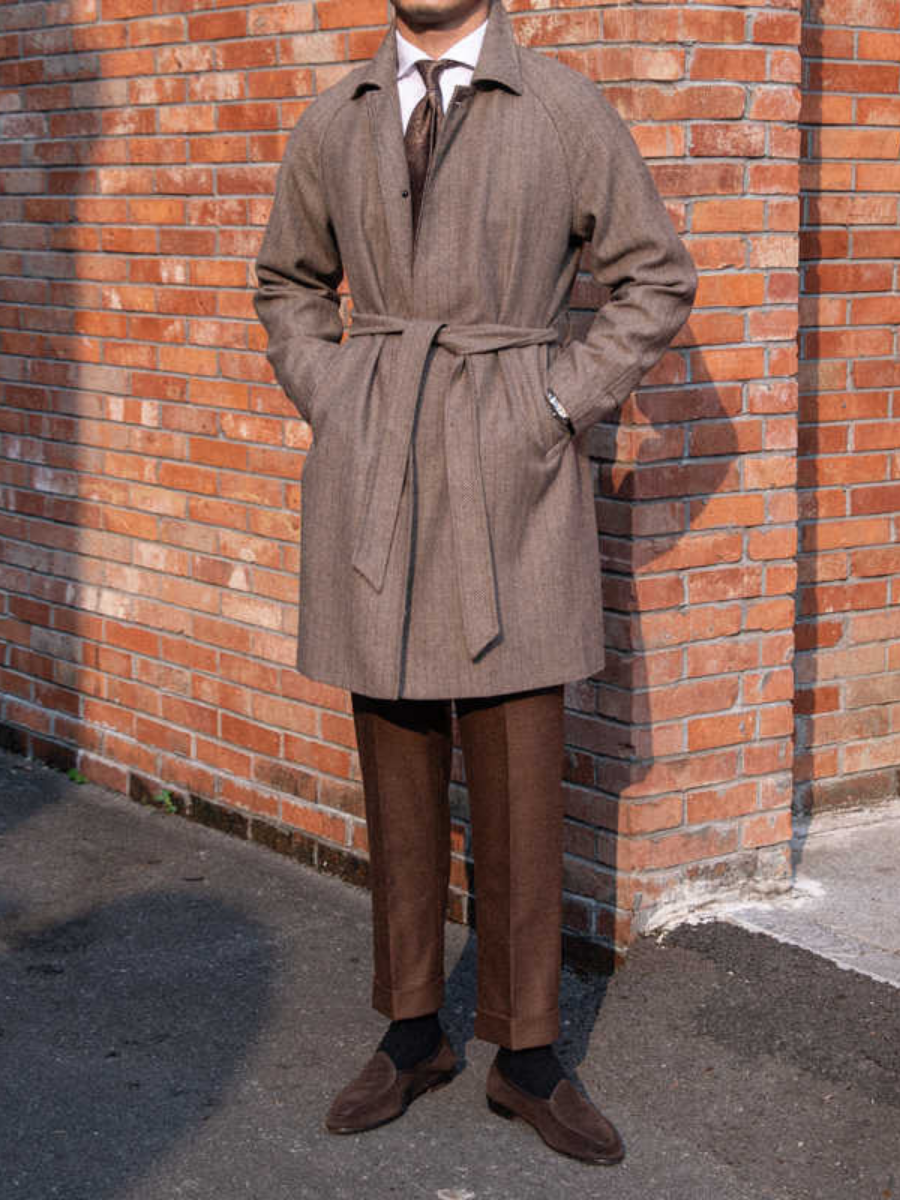 Woolen Herringbone Balmacaan Overcoat