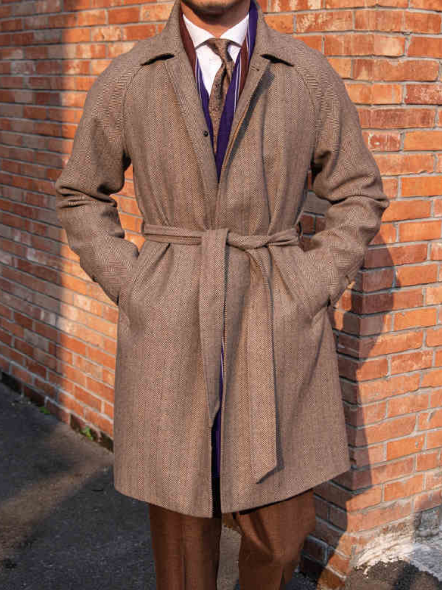 Woolen Herringbone Balmacaan Overcoat