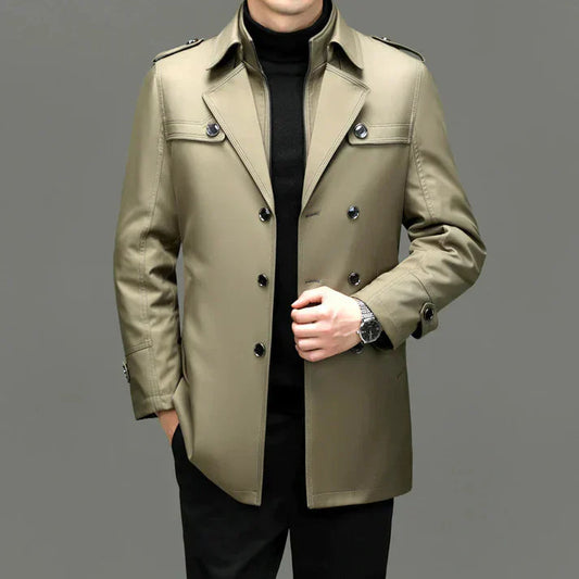 Men's coats in fine fabric with buttons and long trench coat design