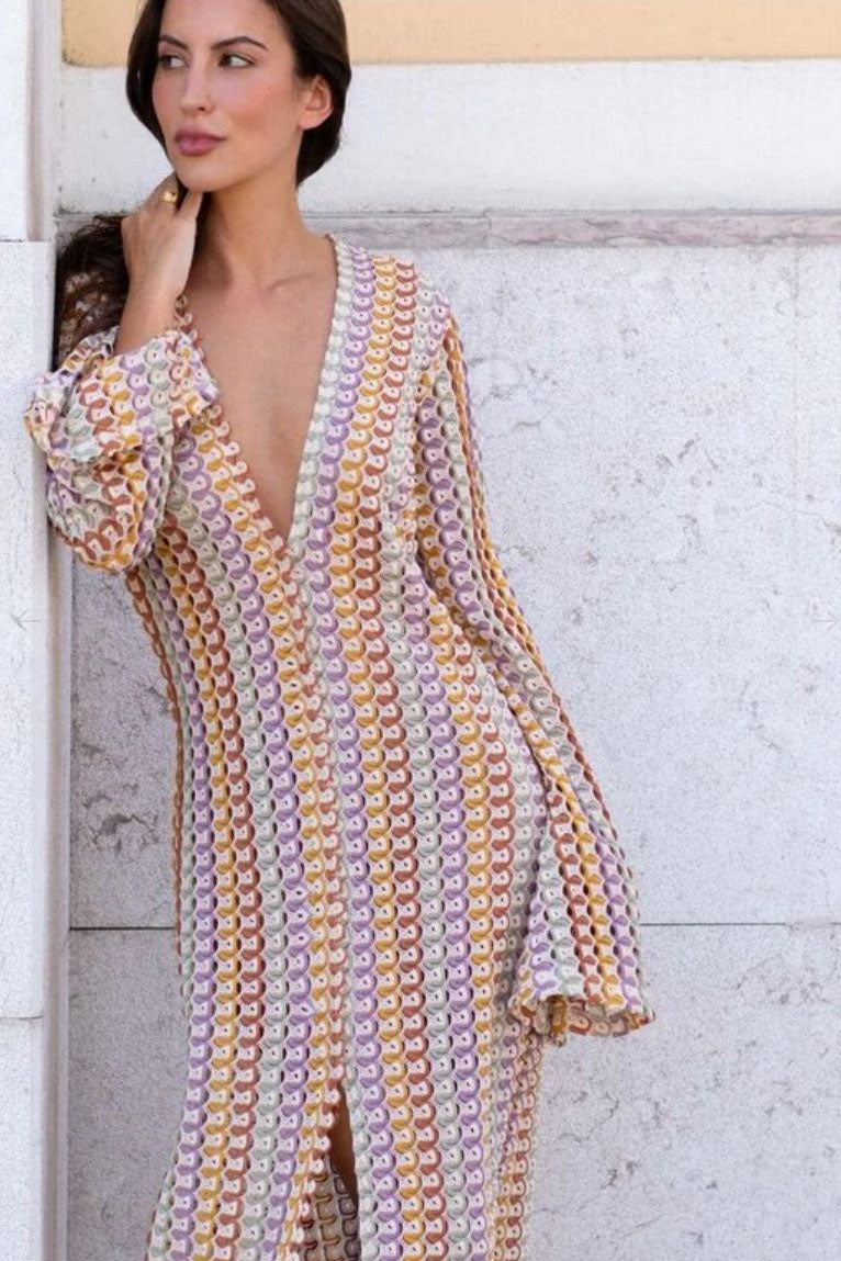 Boho V Neck Bell Sleeve Wavy Striped Crochet Beach Vacation Maxi Dress