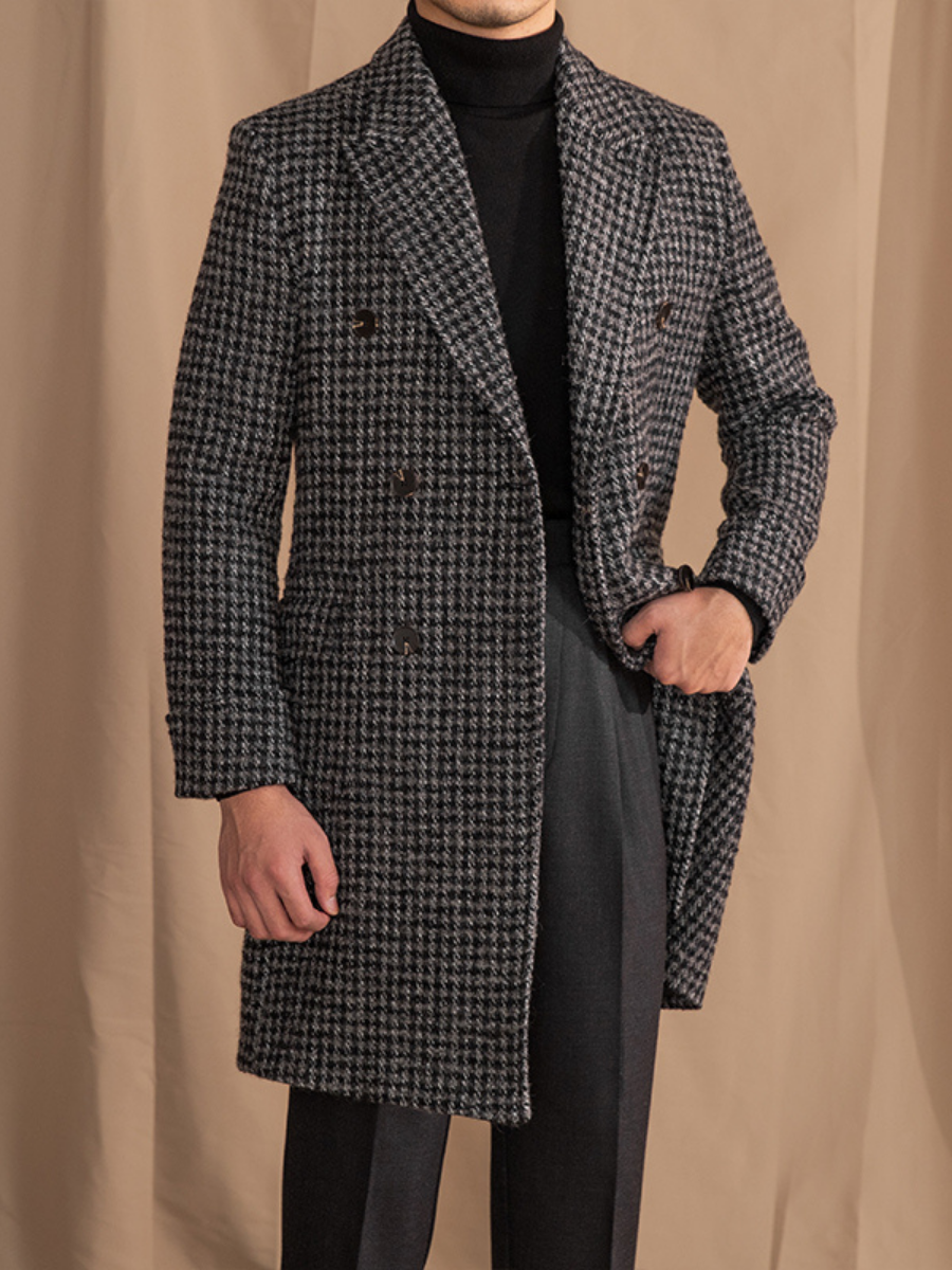 Houndstooth Double-Breasted Wool Overcoat