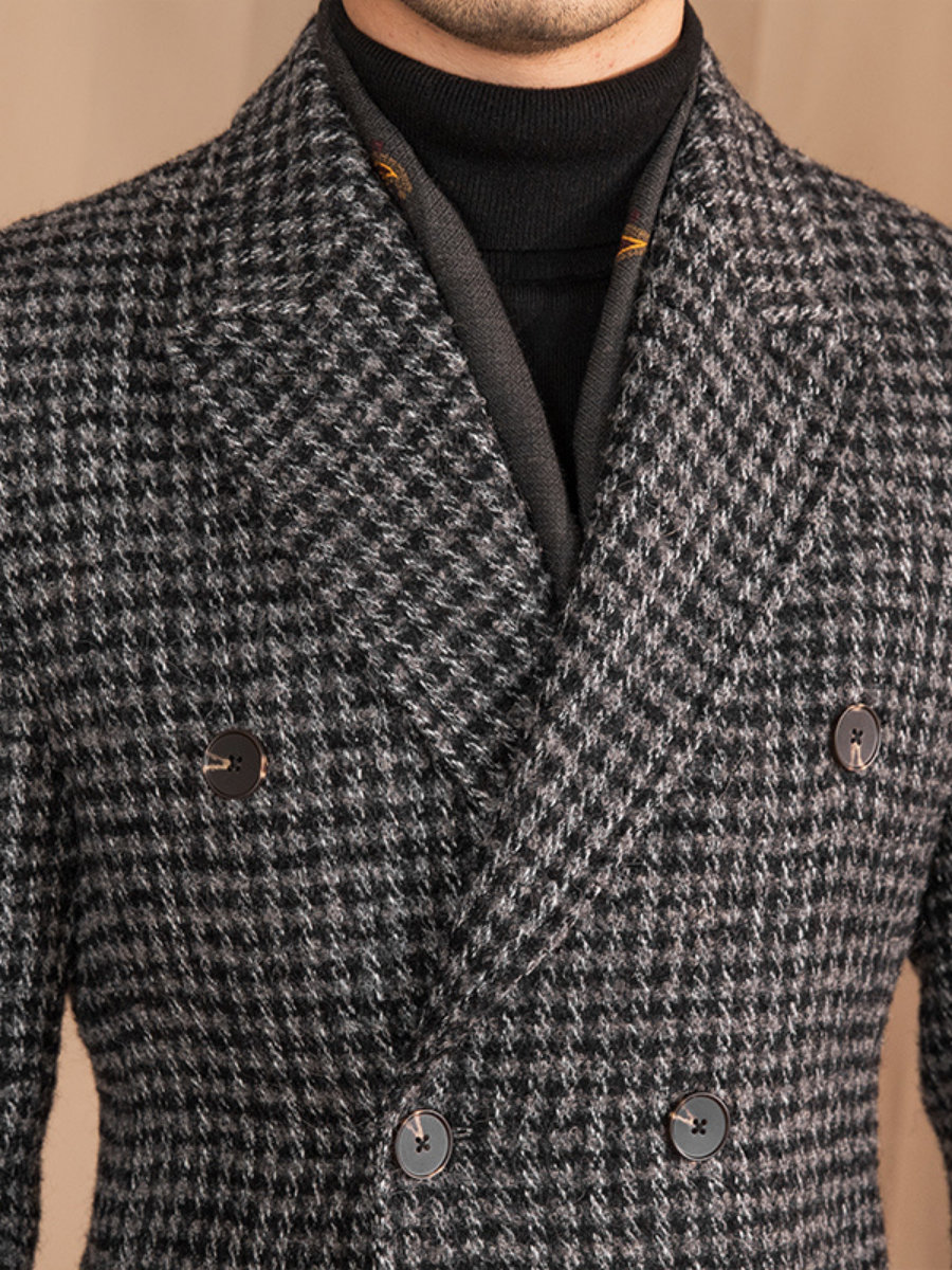 Houndstooth Double-Breasted Wool Overcoat