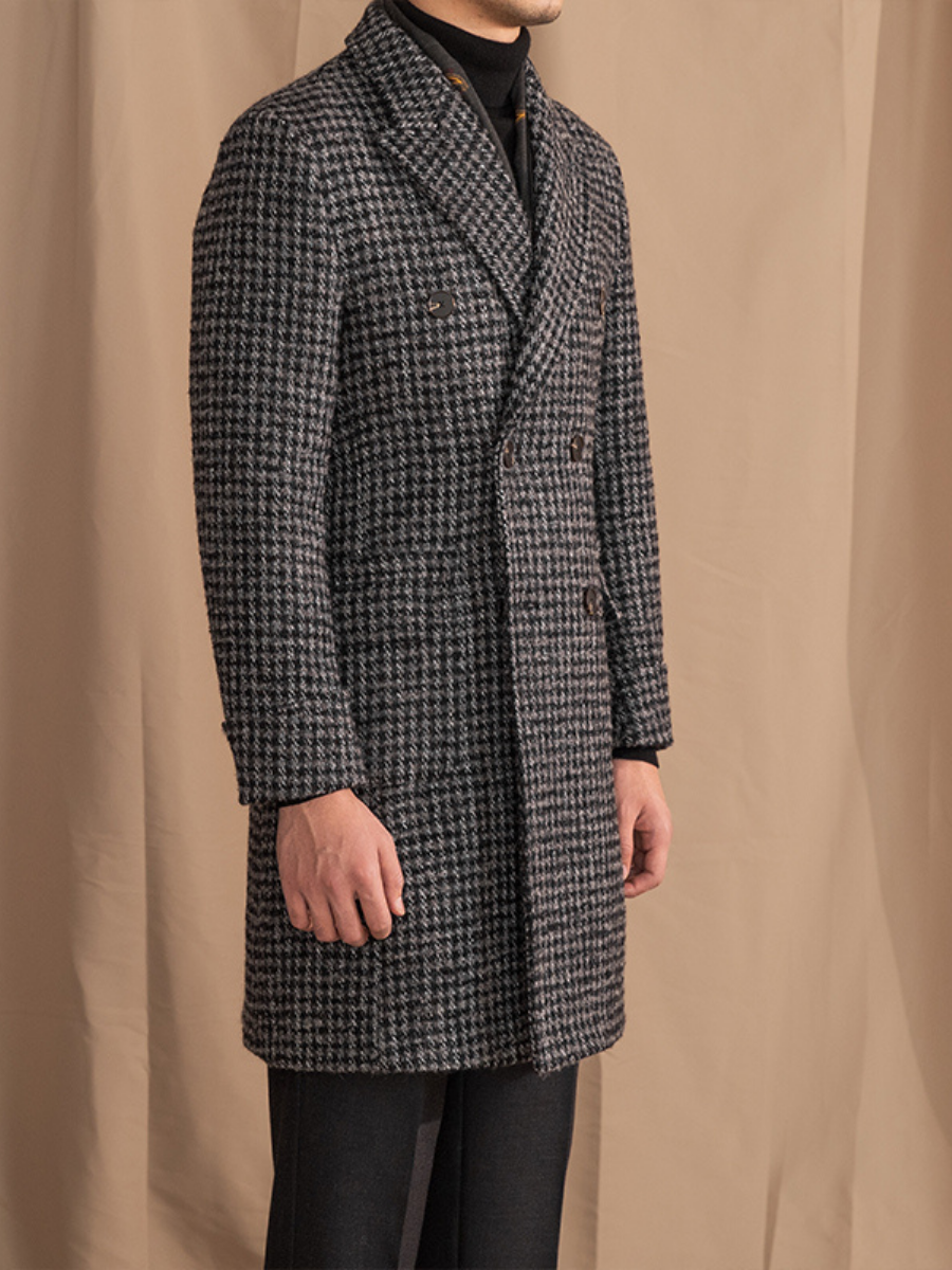 Houndstooth Double-Breasted Wool Overcoat