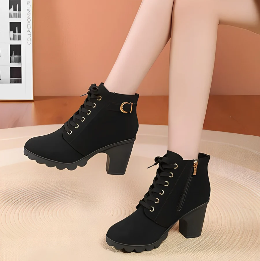 Fina High-Heeled Lace-Up Ankle Boots | Zenique Block Heel with Zipper & Thick Sole