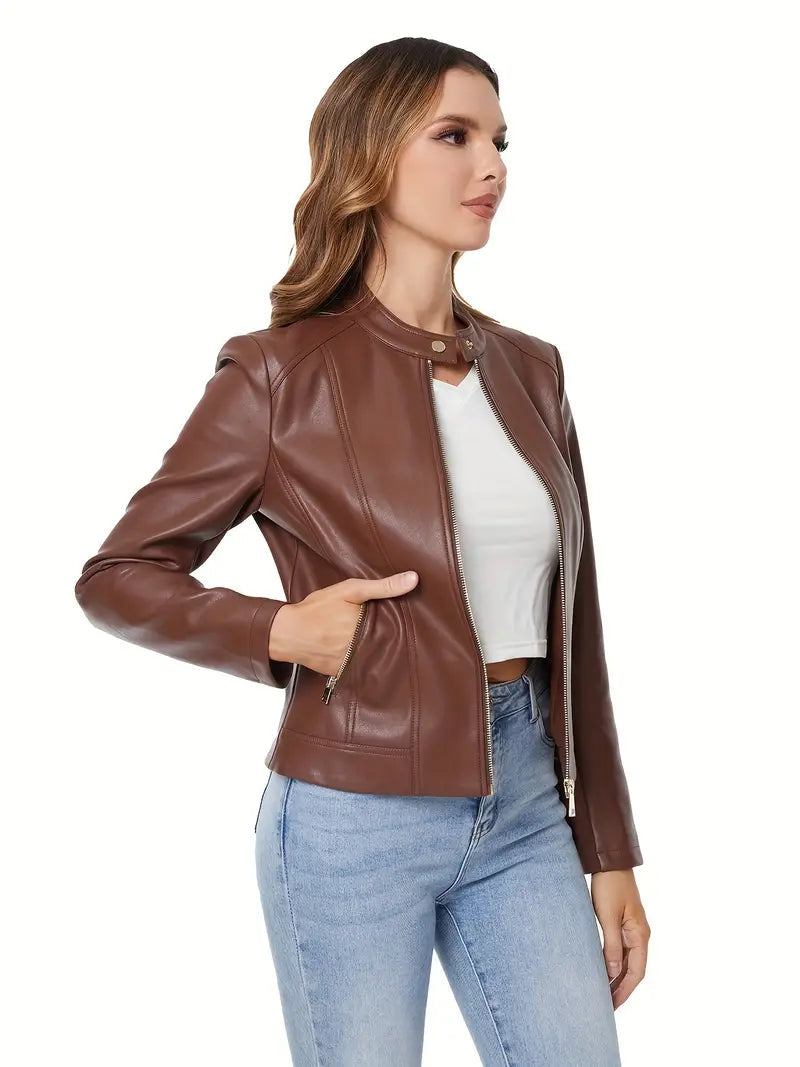 Zip-Up Vintage Vegan Leather Biker Jacket for Women | Eco-Friendly Materials