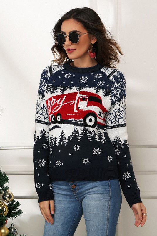 Snowflake and Truck Print Christmas Sweater