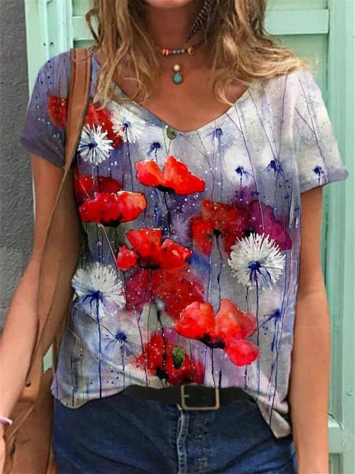 T-shirt - v-neck painting floral art