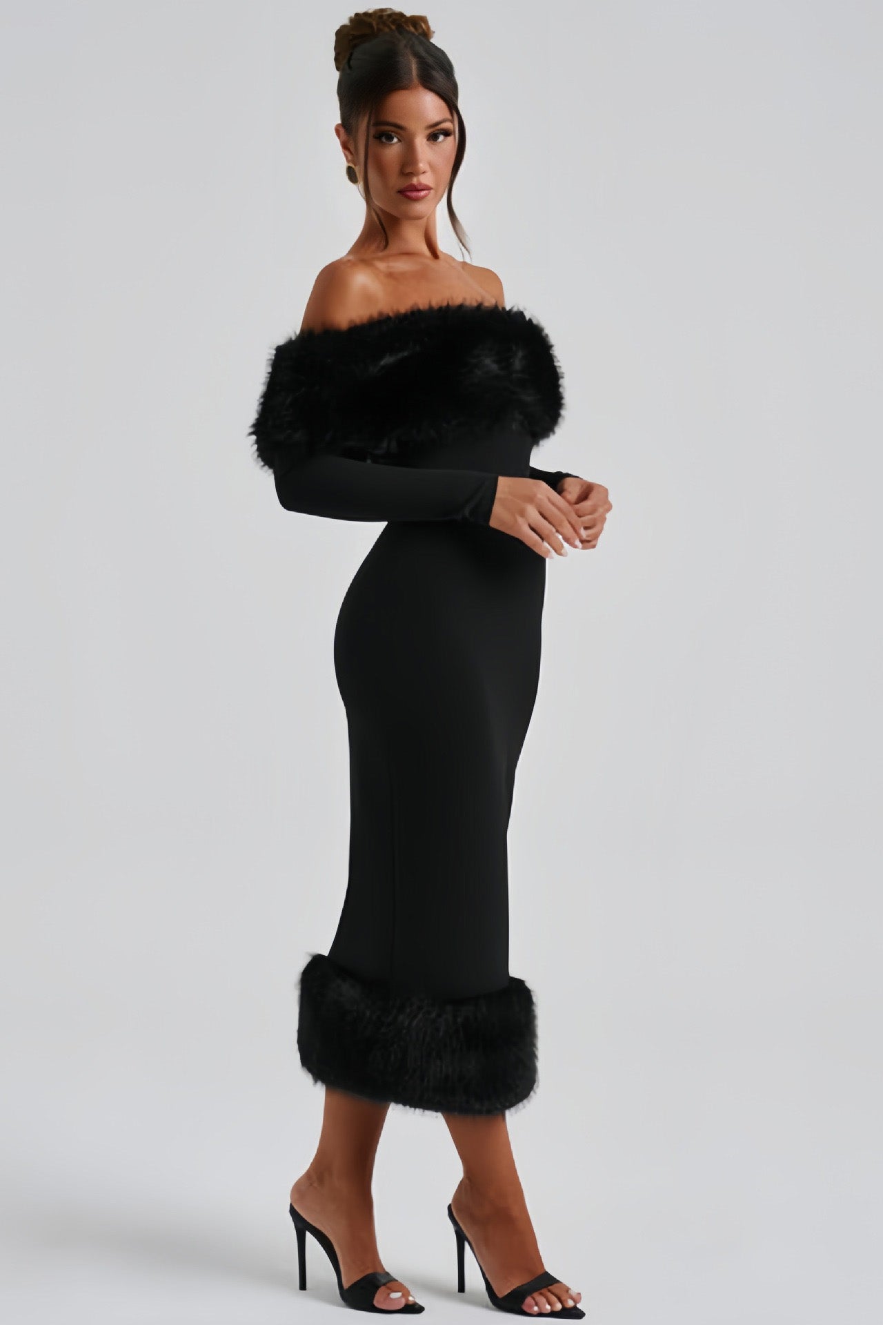 Fur Collar Off-shoulder Fitted Midi Dress