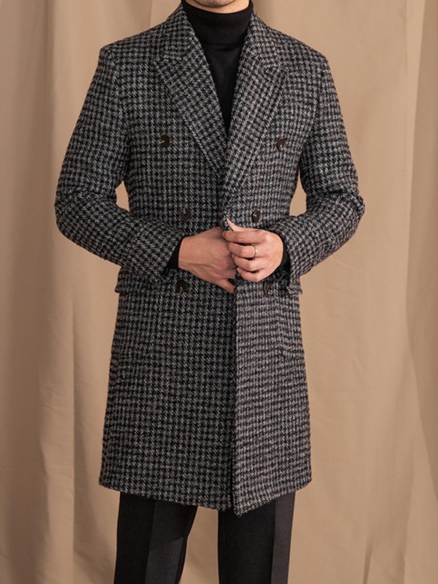 Houndstooth Double-Breasted Wool Overcoat