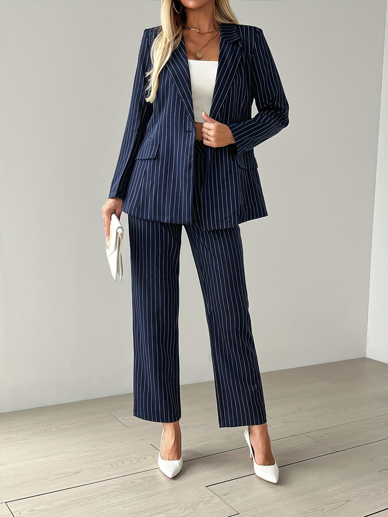 Elegant Striped Button Front Long Sleeve Blazer & High Waist Straight Leg Pants Outfit Set for Women | Ideal for Spring