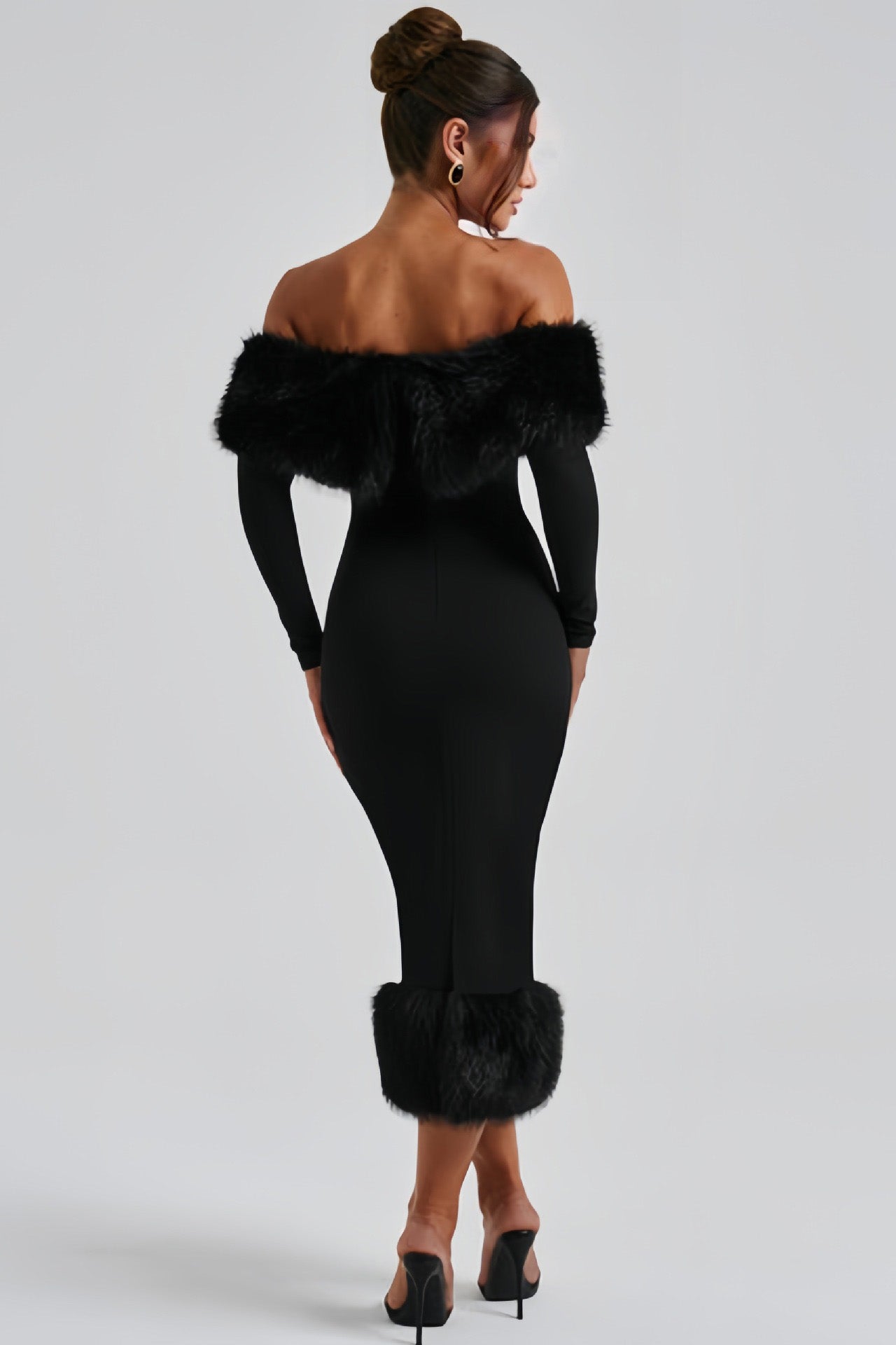 Fur Collar Off-shoulder Fitted Midi Dress